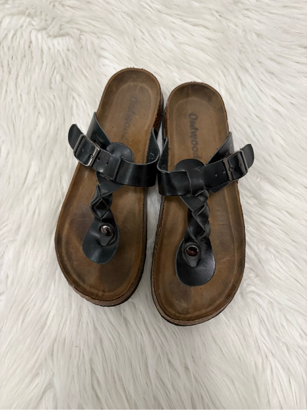 Outwoods Black Braided Leather Thong Slide Sandals